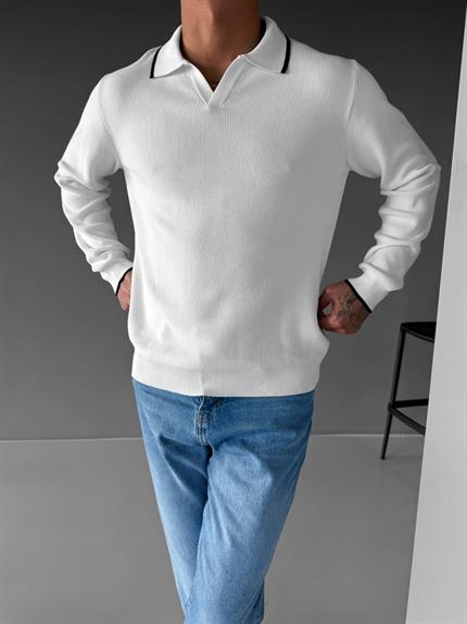 Erkek Polo Yaka İnce Fitilli Kazak Ekru