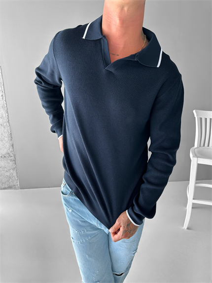 Erkek Polo Yaka İnce Fitilli Kazak Lacivert