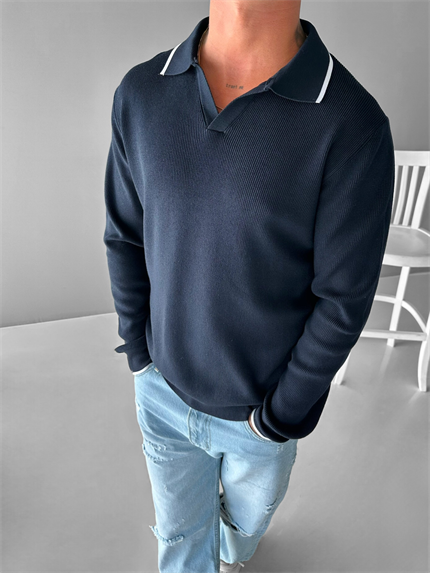 Erkek Polo Yaka İnce Fitilli Kazak Lacivert