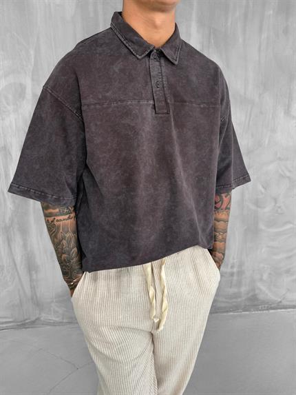 Erkek Polo Yaka Oversize Yıkamalı T-Shirt Kahve