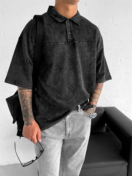 Erkek Polo Yaka Oversize Yıkamalı T-Shirt Siyah