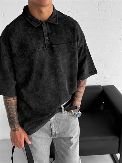 Erkek Polo Yaka Oversize Yıkamalı T-Shirt Siyah