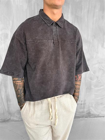 Erkek Polo Yaka Oversize Yıkamalı T-Shirt Kahve