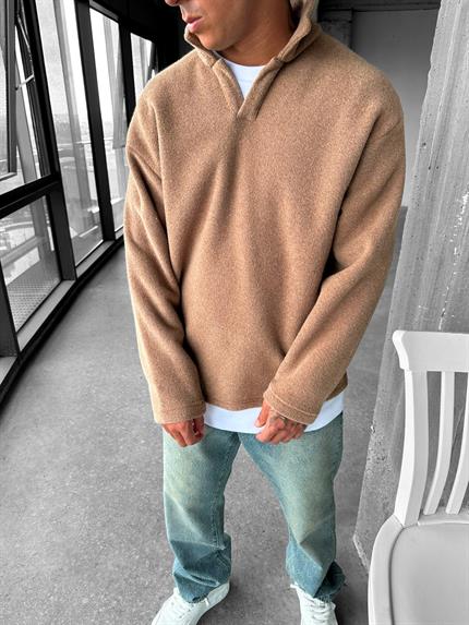 Erkek Polo Yaka Polar Sweatshirt Açık Kahve