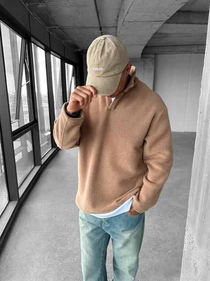 Erkek Polo Yaka Polar Sweatshirt Açık Kahve