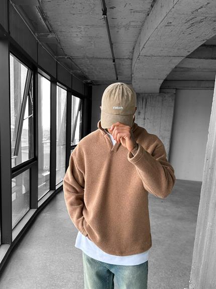 Erkek Polo Yaka Polar Sweatshirt Açık Kahve