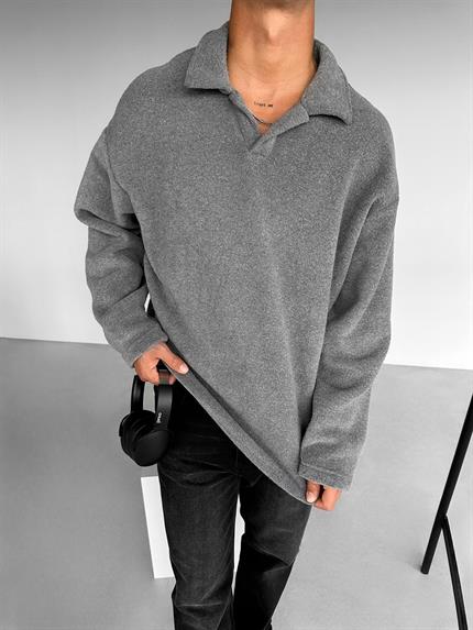 Erkek Polo Yaka Polar Sweatshirt Füme