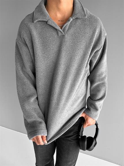 Erkek Polo Yaka Polar Sweatshirt Füme