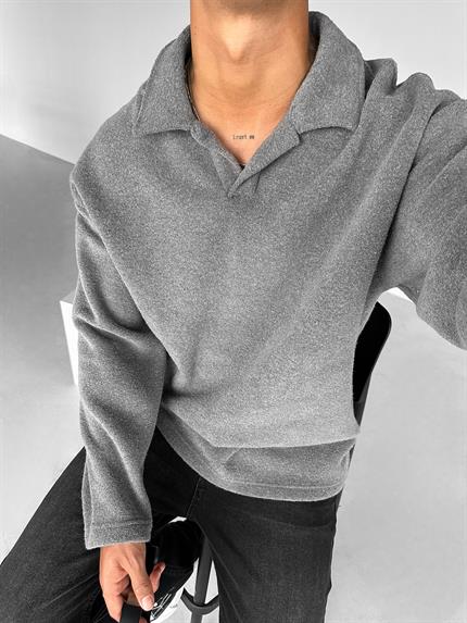 Erkek Polo Yaka Polar Sweatshirt Füme