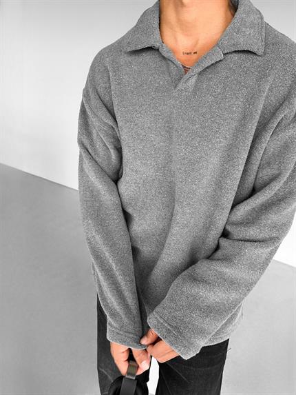 Erkek Polo Yaka Polar Sweatshirt Füme