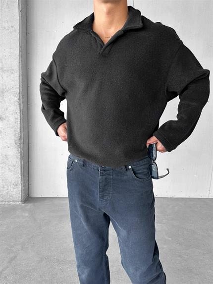 Erkek Polo Yaka Polar Sweatshirt Siyah