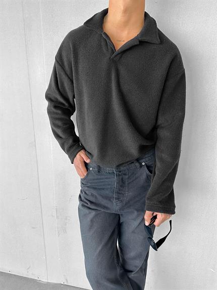 Erkek Polo Yaka Polar Sweatshirt Siyah