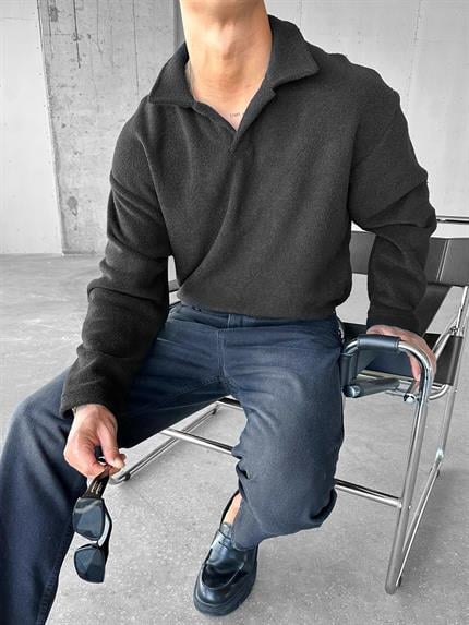 Erkek Polo Yaka Polar Sweatshirt Siyah