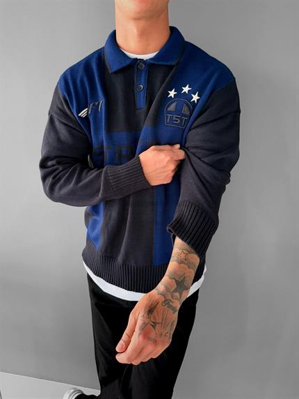 Erkek Polo Yaka Rahat Kalıp Nakışlı Kazak Lacivert Parlament