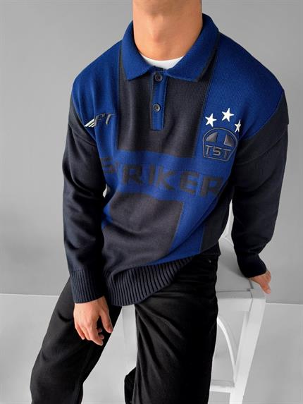 Erkek Polo Yaka Rahat Kalıp Nakışlı Kazak Lacivert Parlament