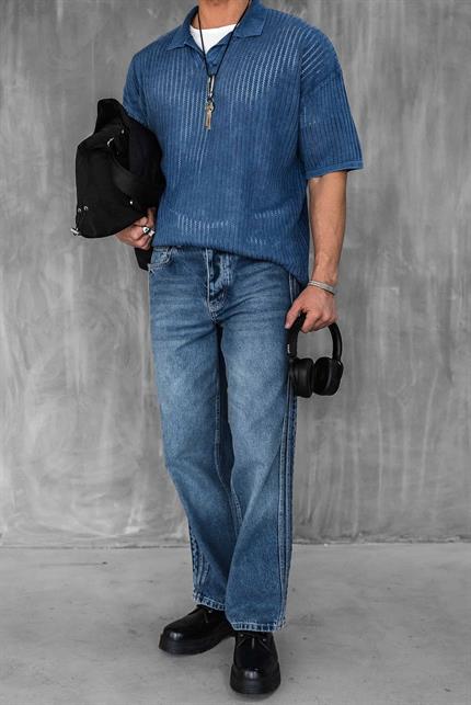 Erkek Polo Yaka Regular Fit Triko T-shirt Koyu Mavi