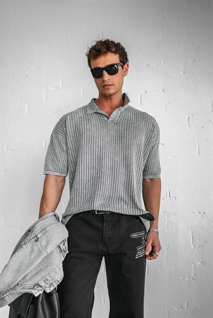Erkek Polo Yaka Regular Fit Triko T-shirt Gri
