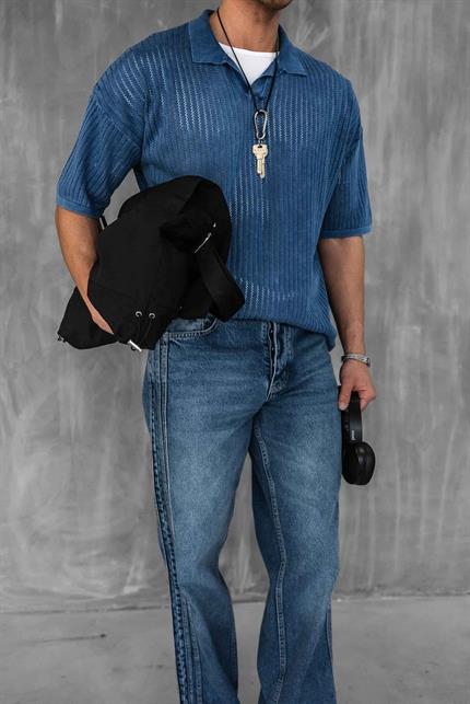 Erkek Polo Yaka Regular Fit Triko T-shirt Koyu Mavi