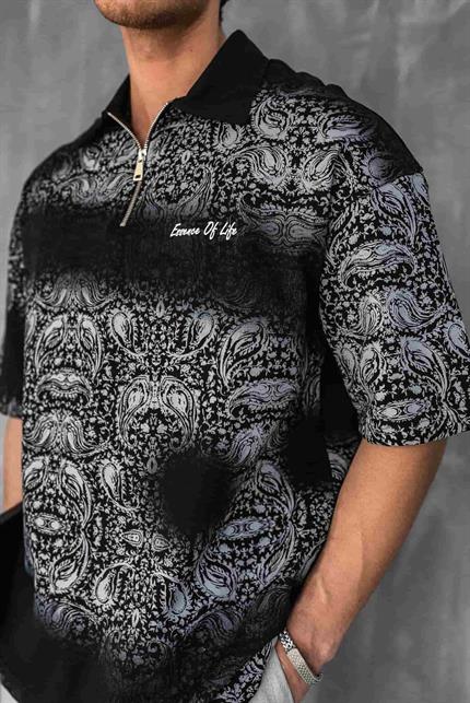 Erkek Polo Yaka Yarım Fermuarlı Baskılı T-Shirt Siyah