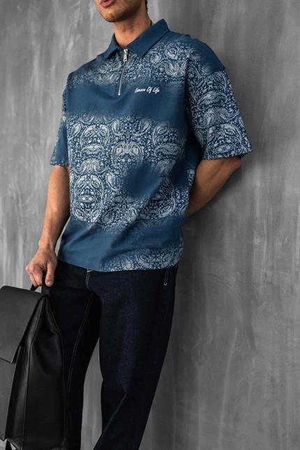 Erkek Polo Yaka Yarım Fermuarlı Baskılı T-Shirt Mavi