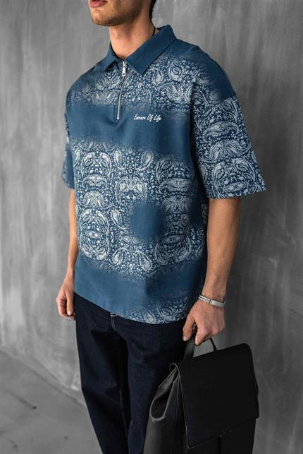 Erkek Polo Yaka Yarım Fermuarlı Baskılı T-Shirt Mavi