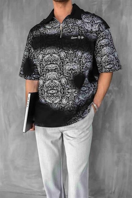 Erkek Polo Yaka Yarım Fermuarlı Baskılı T-Shirt Siyah