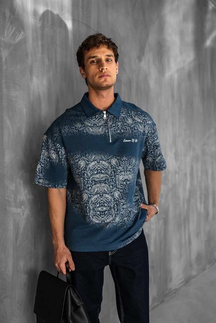 Erkek Polo Yaka Yarım Fermuarlı Baskılı T-Shirt Mavi