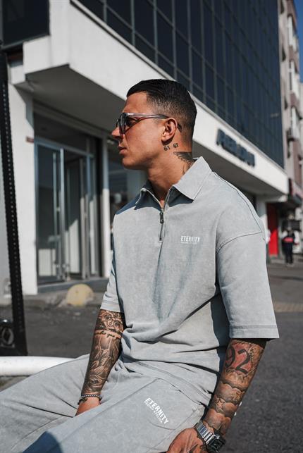 Erkek Polo Yaka Yıkamalı Oversize T-Shirt Gri