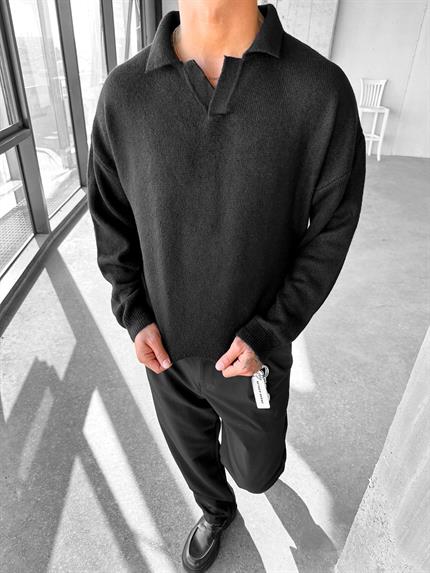 Erkek Polo Yaka Yumuşak Dokulu Oversize Kazak Siyah