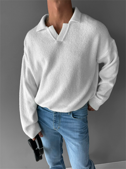 Erkek Polo Yaka Yumuşak Dokulu Oversize Kazak Ekru