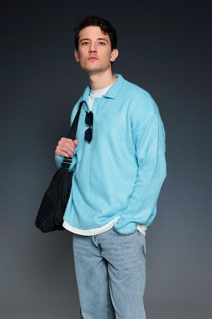 Erkek Polo Yaka Yumuşak Dokulu Oversize Kazak Bebek Mavi