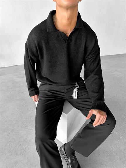Erkek Polo Yaka Yumuşak Dokulu Oversize Kazak Siyah