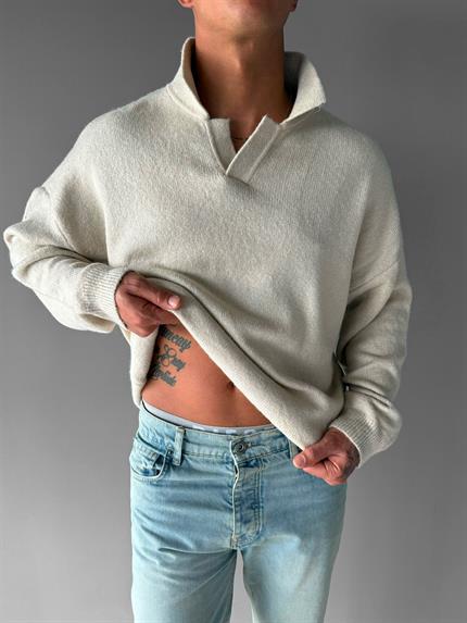 Erkek Polo Yaka Yumuşak Dokulu Oversize Kazak Taş