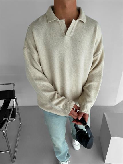 Erkek Polo Yaka Yumuşak Dokulu Oversize Kazak Taş