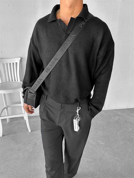 Erkek Polo Yaka Yumuşak Dokulu Oversize Kazak Siyah