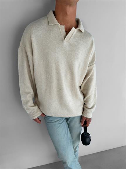 Erkek Polo Yaka Yumuşak Dokulu Oversize Kazak Taş