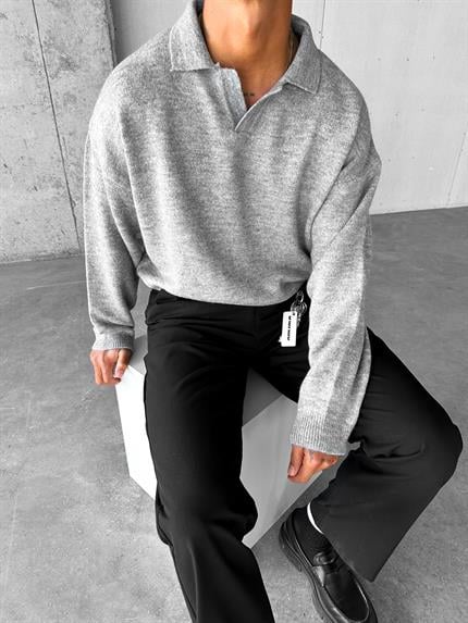 Erkek Polo Yaka Yumuşak Dokulu Oversize Kazak Gri