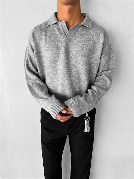 Erkek Polo Yaka Yumuşak Dokulu Oversize Kazak Gri