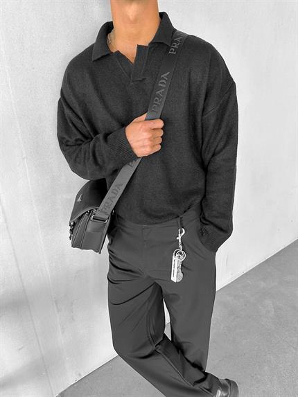 Erkek Polo Yaka Yumuşak Dokulu Oversize Kazak Siyah