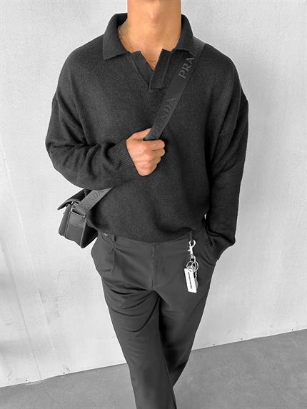 Erkek Polo Yaka Yumuşak Dokulu Oversize Kazak Siyah