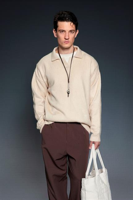 Erkek Polo Yaka Yumuşak Dokulu Oversize Kazak Taş