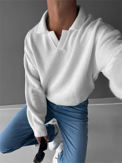 Erkek Polo Yaka Yumuşak Dokulu Oversize Kazak Ekru