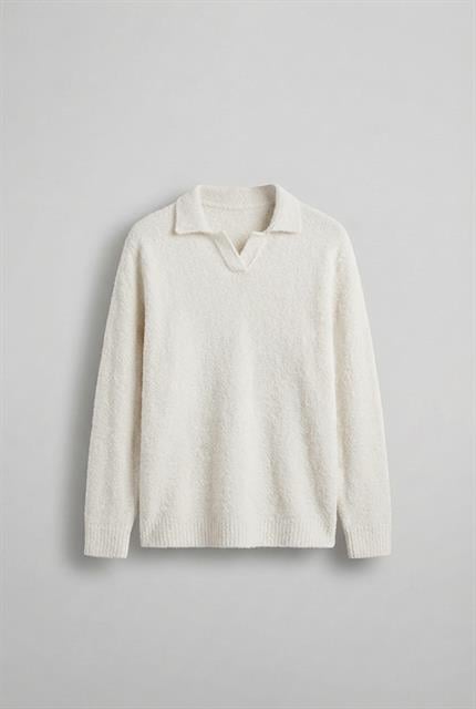 Erkek Polo Yaka Yumuşak Dokulu Oversize Kazak Ekru