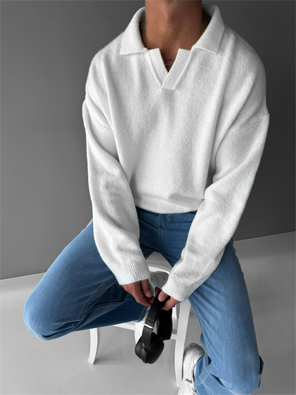 Erkek Polo Yaka Yumuşak Dokulu Oversize Kazak Ekru