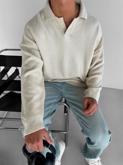 Erkek Polo Yaka Yumuşak Dokulu Oversize Kazak Taş