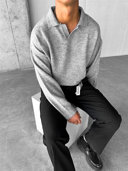 Erkek Polo Yaka Yumuşak Dokulu Oversize Kazak Gri