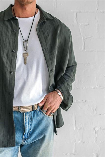 Erkek Premium Çizgili Pamuklu Oversize Gömlek Haki Yeşil