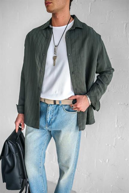 Erkek Premium Çizgili Pamuklu Oversize Gömlek Haki Yeşil