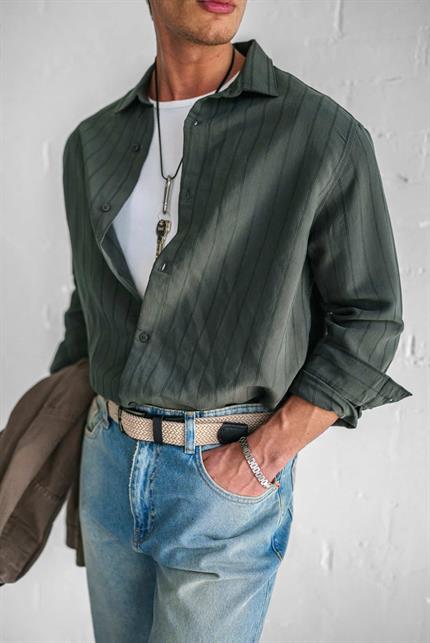 Erkek Premium Çizgili Pamuklu Oversize Gömlek Haki Yeşil