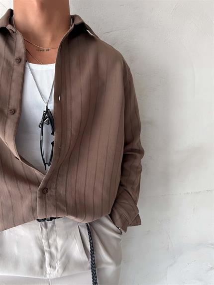 Erkek Premium Çizgili Pamuklu Oversize Gömlek Kahverengi